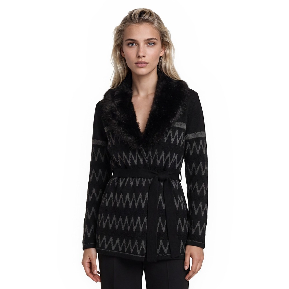 INC Cardigan Sweater Women's Size Medium Black Faux Fur Collar Belted Zigzag